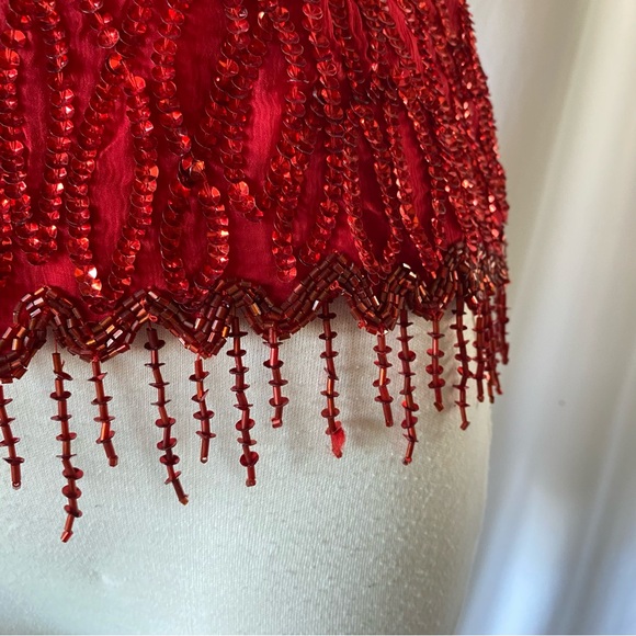 Vintage Sequin Two Piece Silk Pant Set Red - Picture 3 of 10